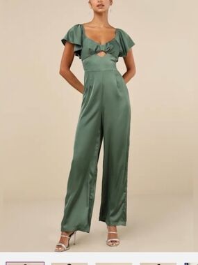 Lulu's Sage Satin Wide-Leg Jumpsuit with Flutter Sleeves